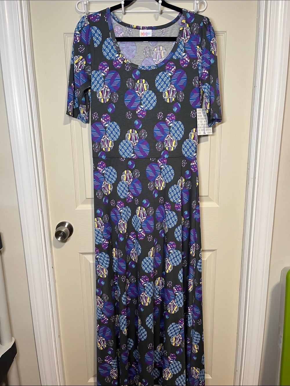 LuLaRoe Grey Maxi Dress with Purple and Blue Geometric Circle Print